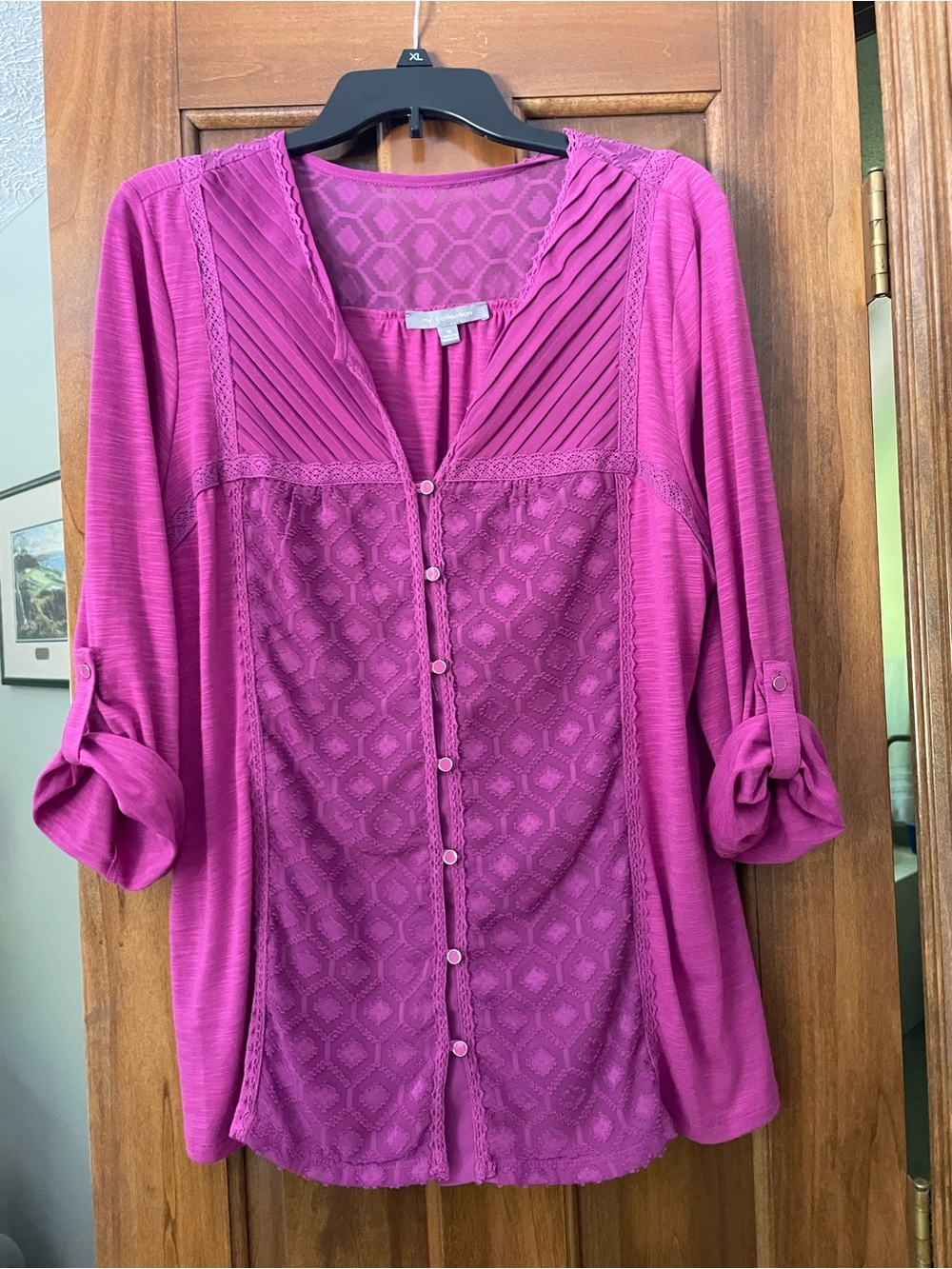 NY Collection Fuchsia Pleated Yoke Lace-Front Button Blouse